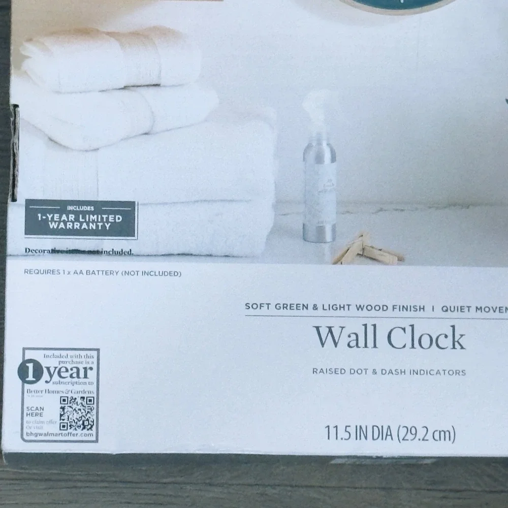 Better Homes & Gardens Wall Clock Soft Green Light Wood Quiet Movement Scandi
